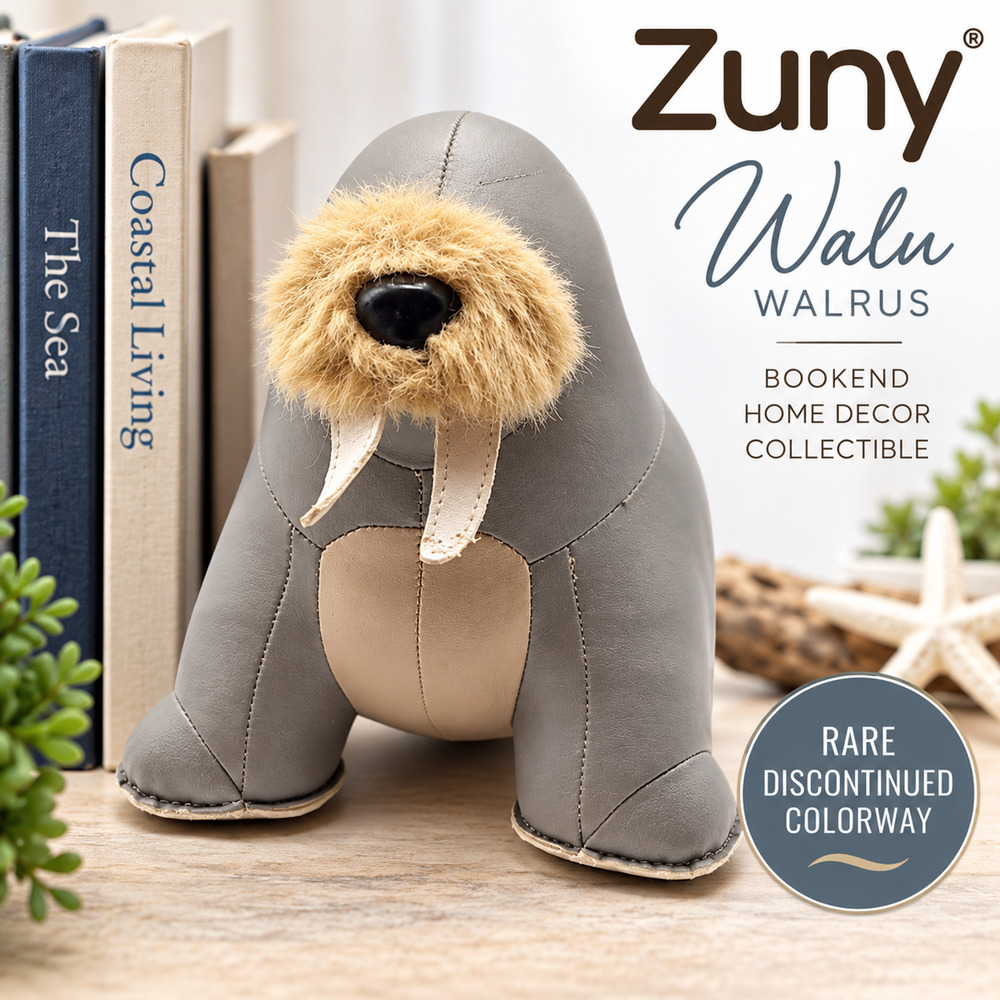 Rare Zuny Walu Walrus Bookend Gray Wheat Faux Leather Weighted Coastal Decor